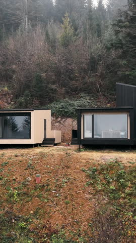 Modern cabins surrounded by dense forest in a misty hillside setting. Cabins in misty forest clearing