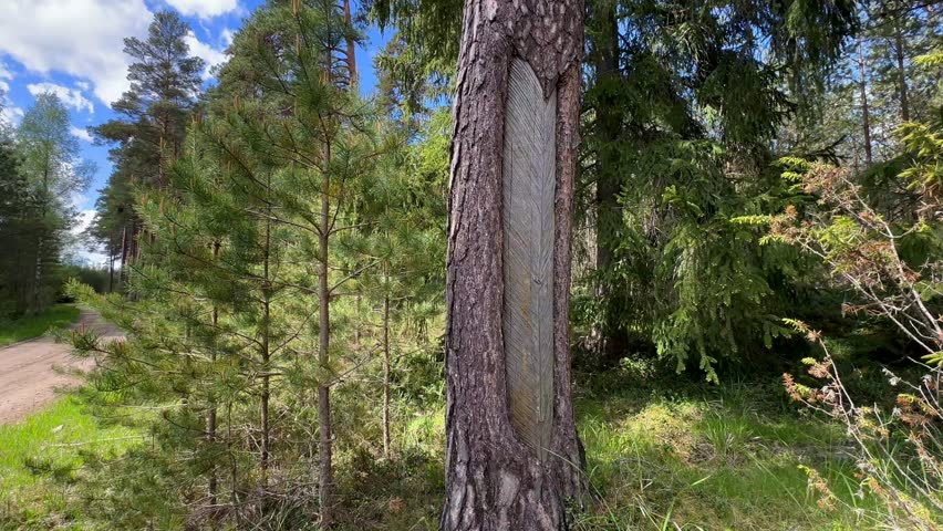 Old traces of notches on a pine tree trunk for resin collection. Estonia.
