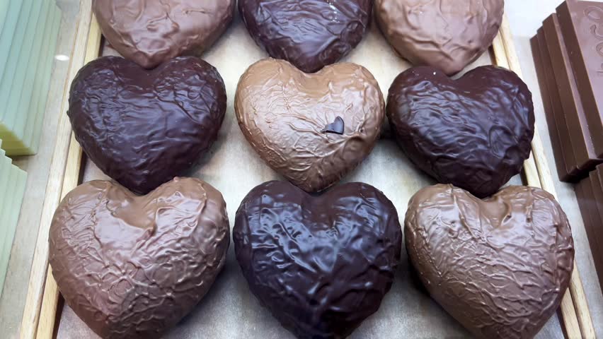 Close-up shot of heart-shaped chocolate candies beautifully arranged on a store display. The sweets are elegant and romantic, ideal for Valentine’s Day, weddings, or luxury gifting.