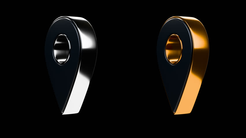 Black gold and silver Location icon on transparent background. Simple 360 animation. 3d rendered movie clip with alpha channel. Geo pin icon.