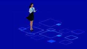 Businesswoman analyzing financial data on tablet while standing next to large 3D laptop displaying colorful histograms, graphs and dollar coins symbolizing digital finance. - Powered by Shutterstock - Get 15% off with code: PIKWIZARD15