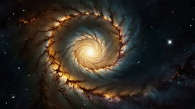 A dramatic view of a spiral galaxy with an intense, shimmering center. The curved arms of the galaxy reveal a region of active star formation, - Powered by Shutterstock - Get 15% off with code: PIKWIZARD15
