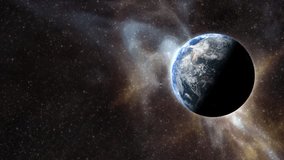 Epic cinematic motion graphic of Earth’s sunrise from orbit, showcasing a glowing blue atmosphere, dramatic lighting, twinkling stars, and vibrant colorful nebula clouds in the vast deep cosmos - Powered by Shutterstock - Get 15% off with code: PIKWIZARD15