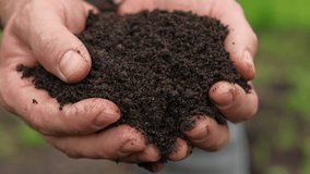 Fertile soil in male hands. Farmer hold rich land in field. Handful black soil. Natural ecological farming. Agricultural business. Humus, fertilized land. Bio agriculture and eco friendly cultivation. - Powered by Shutterstock - Get 15% off with code: PIKWIZARD15