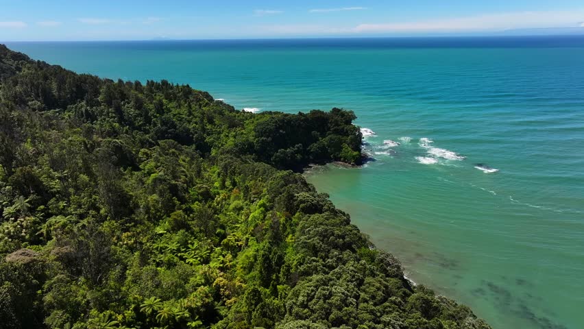 Epic Aerial beech Unspoilt jagged rocky coastline—turquoise waves crash against cliffs, windswept trees cling to edges, sunlight flickers across the wild, untouched shore. Drone New Zealand native
