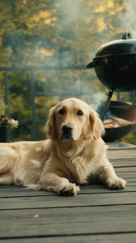 A golden retriever lounges peacefully on a wooden deck while the smell of grilling wafts through the air in a vibrant backyard filled with greenery
