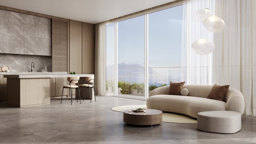 Modern living room with kitchen in warm natural colors, dining interior with white sofa, 3d animation