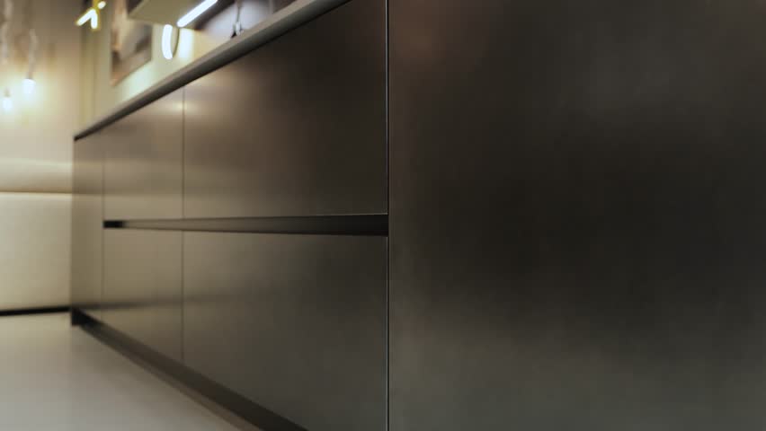 The modern kitchen cabinetry showcases stylish dark finishes along with chic minimalist design elements that impress