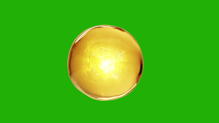Gold Serum Drop.Transparency Liquid element isolated on green background. Skincare, beauty, cosmetics, 3d animation. 4K resolution.