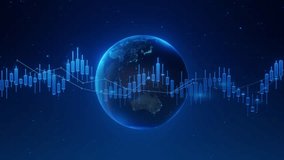 Global earth stock market candle chart visualization. Worldwide finance business technology trend. Economy investment data analysis graph. Digital dynamic animation loop. Blue grid particles. - Powered by Shutterstock - Get 15% off with code: PIKWIZARD15