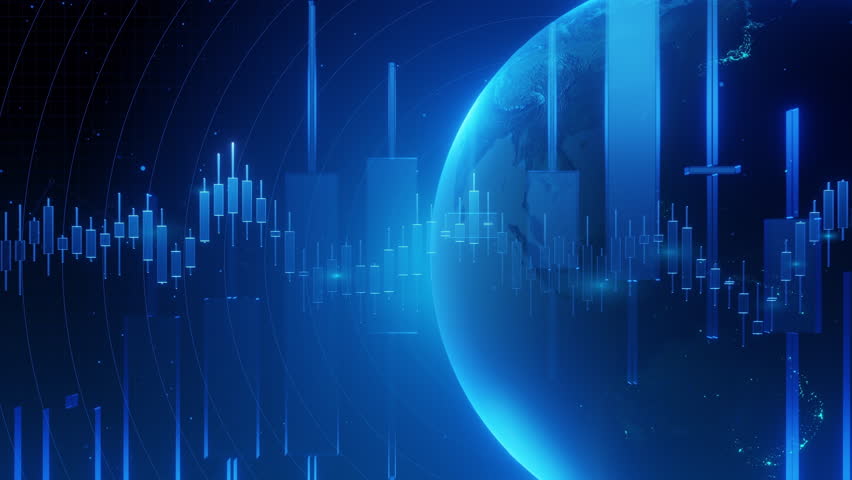 Blue technology background global earth world map digital finance business market stock data chart graph network grid connection animation flow.