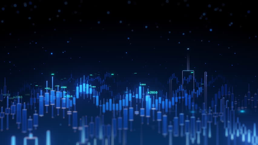 Blue stock market background candle chart financial data analysis trading investment stocks prices indicators dynamic futuristic technology global information movement animation loop.