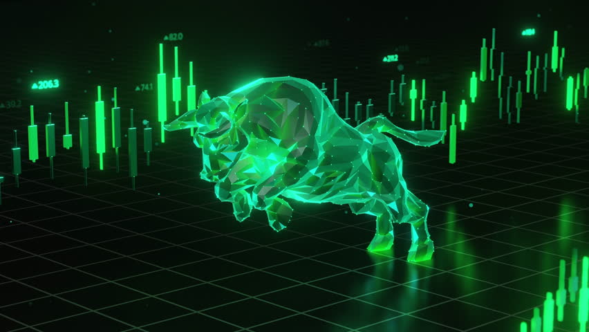 Digital bull finance stock market trading growth. Low poly bull, candlestick chart data, rising trend. Business investment success wealth prosperity. Global financial technology representation.
