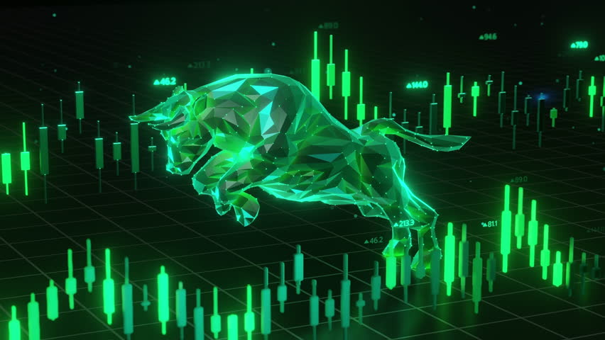 Digital bull finance stock market trading growth. Low poly bull, candlestick chart data, rising trend. Business investment success wealth prosperity. Global financial technology representation.