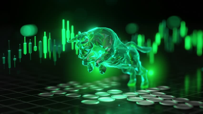 Bull finance investment. Stock market business growth. Digital coins trade. Green data grid chart statistics graph. Polygonal abstract concept. Increase profit wealth. Dynamic rise.