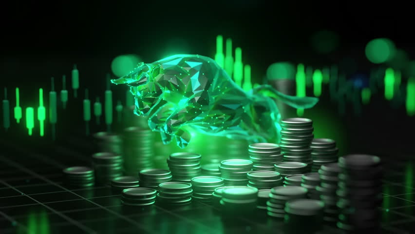 Bull finance investment. Stock market business growth. Digital coins trade. Green data grid chart statistics graph. Polygonal abstract concept. Increase profit wealth. Dynamic rise.