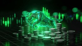 Bull finance investment. Stock market business growth. Digital coins trade. Green data grid chart statistics graph. Polygonal abstract concept. Increase profit wealth. Dynamic rise. - Powered by Shutterstock - Get 15% off with code: PIKWIZARD15