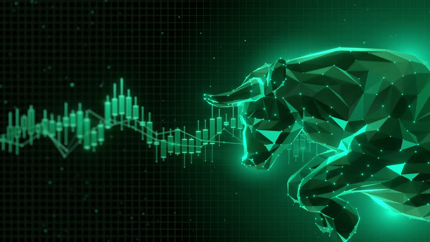 Futuristic bull background for finance stock market trading. Digital technology grid graphic network. Bullish growth uptrend analytics. Dynamic motion graphic concept.