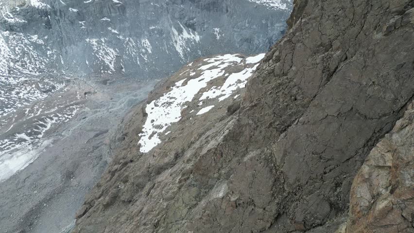 Aerial drone view of the Alps mountains with closer looks of the cliffs on rocky terrains in Switzerland