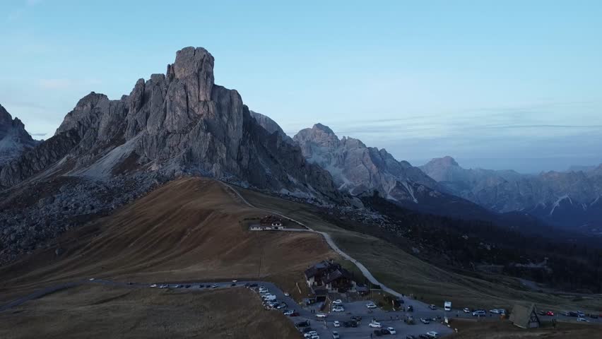 Aerial view of the beautiful Tre Cime di Lavaredo peaks. Beautiful view of the mountain range in South Tyrol, Dolomites, Italy. 