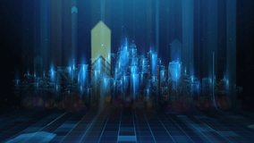 Arrows Flying Upward Over Lowpoly Futuristic Cityscape Animation. Digital Smart City, Startup Innovation Skyline, Wireframe Mesh Buildings on a Blue Background. Animated Cyberpunk Night City Landscape - Powered by Shutterstock - Get 15% off with code: PIKWIZARD15