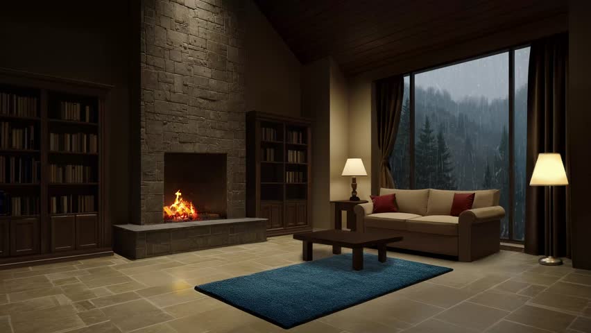 cozy living room with fireplace, beautiful rainy forest view, luxury apartment, hotel suite, endless looped animation