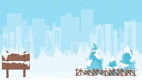 Cityscape winter animation with falling snow, pine trees, and wooden sign in foreground on snowy ground. - Powered by Shutterstock - Get 15% off with code: PIKWIZARD15