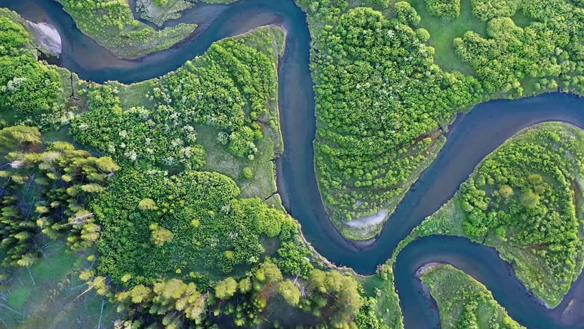 South Fork of the Madison River winding through green meadow from aerial view in Montana.