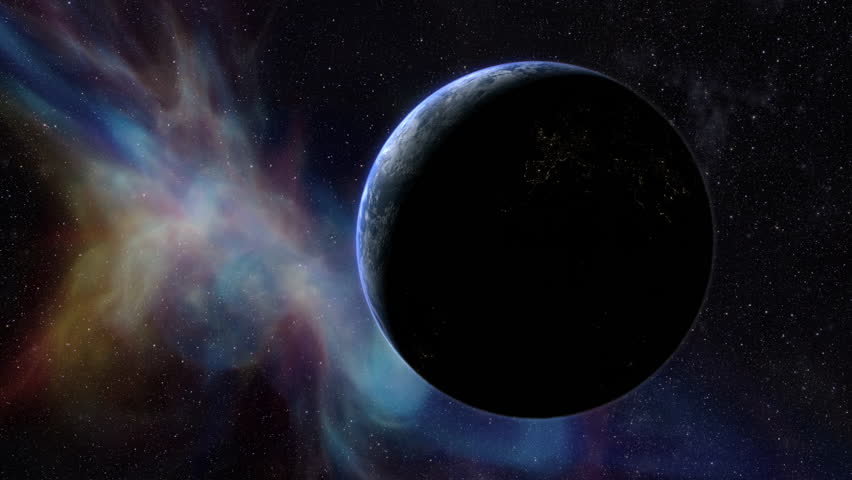 Epic cinematic motion graphic of Earth’s sunrise from orbit, showcasing a glowing blue atmosphere, dramatic lighting, twinkling stars, and vibrant colorful nebula clouds in the vast deep cosmos