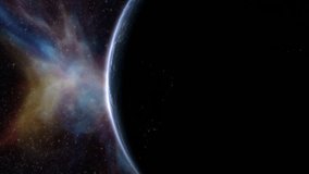 Epic cinematic motion graphic of Earth’s sunrise from orbit, showcasing a glowing blue atmosphere, dramatic lighting, twinkling stars, and vibrant colorful nebula clouds in the vast deep cosmos - Powered by Shutterstock - Get 15% off with code: PIKWIZARD15