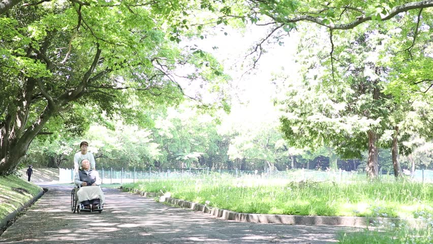 Senior in wheelchair and helper, walking in park, Japanese woman providing care