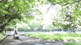Senior in wheelchair and helper, walking in park, Japanese woman providing care - Powered by Shutterstock - Get 15% off with code: PIKWIZARD15