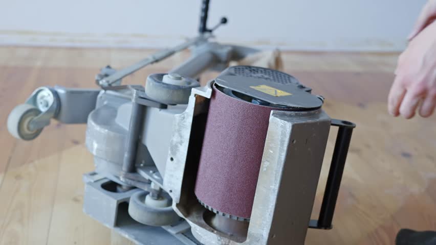 Worker changes sandpaper on sander while refinishing smooth pine wood flooring surface.