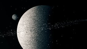 Large planet with rings of asteroids and a smaller moon in deep space. Sci-fi, astronomy, celestial bodies, cosmic exploration animation - Powered by Shutterstock - Get 15% off with code: PIKWIZARD15
