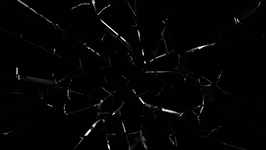 Glass shattering outwards, pieces flying towards camera on black. Immersive breaking effect, abstract destruction, impact visual for intros