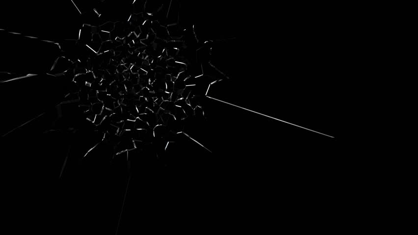 Glass breaking from impact, sharp shards flying on black. Dynamic shatter effect for action sequences or transitions, abstract destruction