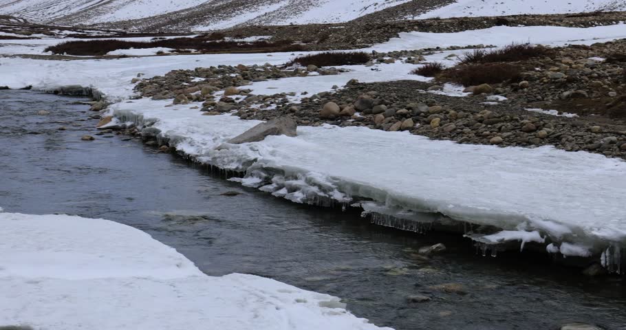 Sacred Gumbo Ronjon mountain in Zanskar Valley, Ladakh, with melting stream and snow-covered winter landscape under cloudy sky