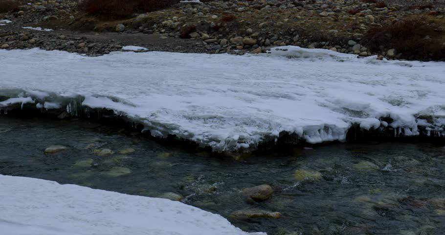 Sacred Gumbo Ronjon mountain in Zanskar Valley, Ladakh, with melting stream and snow-covered winter landscape under cloudy sky