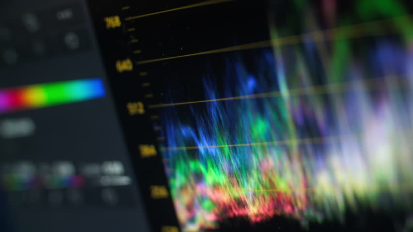 Video color correction histogram. Analyzes video grading software, interface. RGB colour graphic bar