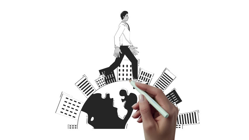 Worldwide global business hand drawn whiteboard sketch animation. Corporate ambition. International indian businessman walking around world animated handdrawn concept pencil drawing 4K video