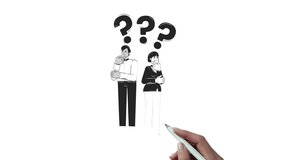 Looking for business solution hand drawn whiteboard sketch animation. Corporate dilemma doubts. Thoughtful businesspeople question marks animated handdrawn concept pencil drawing 4K video - Powered by Shutterstock - Get 15% off with code: PIKWIZARD15