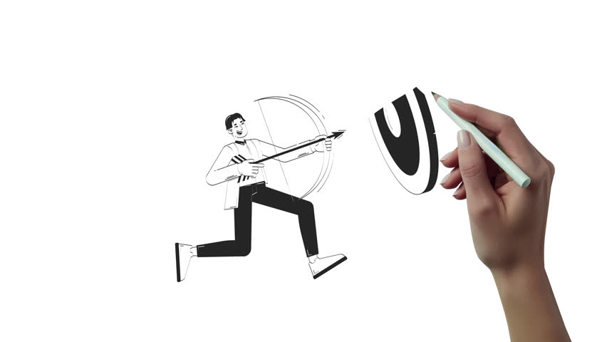 Businessman targeting goal with bow and arrow hand drawn whiteboard sketch animation. Accuracy achievement. Corporate archer marketing aim animated handdrawn concept pencil drawing 4K video