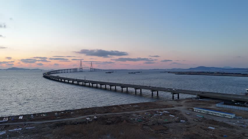 Incheon bridge, Drone with sunset, Yeonsu, Incheon, South Korea