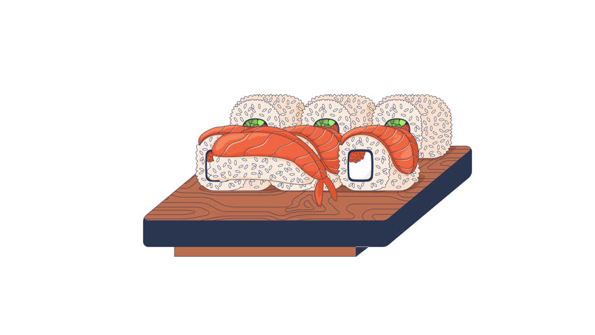 Mixed sushi platter on wooden tray 2D cartoon object animation. Shrimp nigiri, sushi rolls with salmon slices and roe, served with wasabi animated flat colorful item 4K video isolated on white