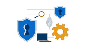 Cybersecurity icons connecting network 2D animation. Shields with keyholes, fingerprint, magnifying glass, laptop, gear animated composition cartoon flat concept metaphor 4K video isolated on white - Powered by Shutterstock - Get 15% off with code: PIKWIZARD15