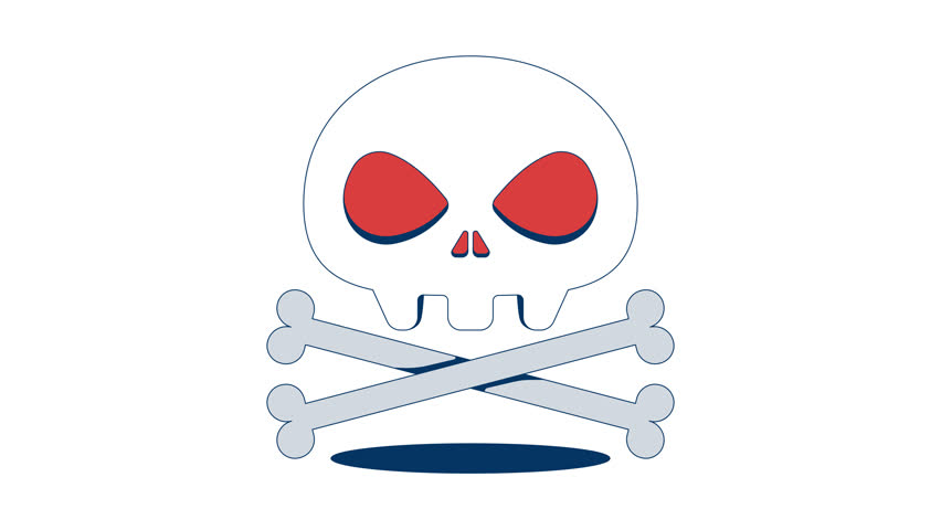 Stylized skull and crossbones with eye sockets 2D cartoon object animation. Danger, cyber threat, digital piracy. Cybersecurity malware animated flat colorful item 4K video isolated on white