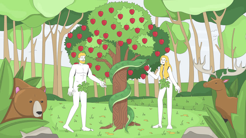 Adam and Eve in Eden garden near good evil knowledge tree 2D cartoon animation. Bible story. Forbidden fruit temptation serpent animated flat bible characters 4K video background scene storytelling
