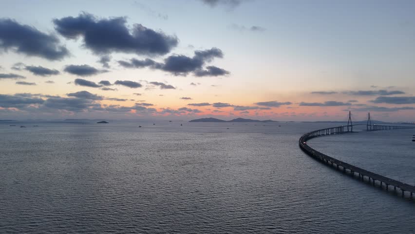 Incheon bridge, Drone with sunset, Yeonsu, Incheon, South Korea