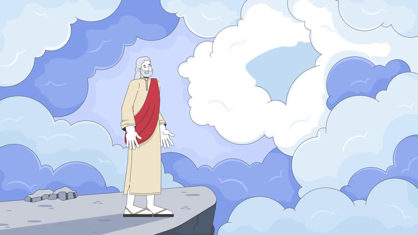 God giving Moses ten commandments 2D cartoon animation. Biblical law. Old testament. Hebrew prophet receiving stone tablets animated flat bible characters 4K video background scene storytelling