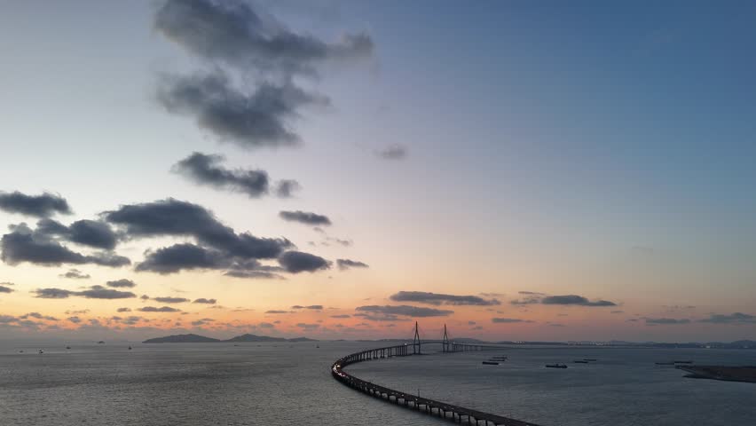 Incheon bridge, Drone with sunset, Yeonsu, Incheon, South Korea